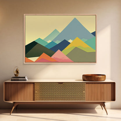 Swedish Style Art, Framed Canvas Print, Colorful Mountain Landscape Pop Art Style
