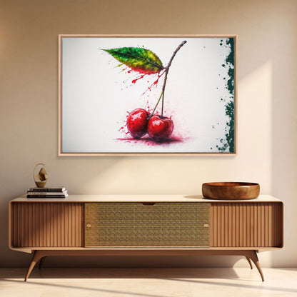 Watercolor Cherry, Still Life Paint Splatter Art, Framed Canvas Print, Fruit Art, Cherries with Stems Watercolor Painting