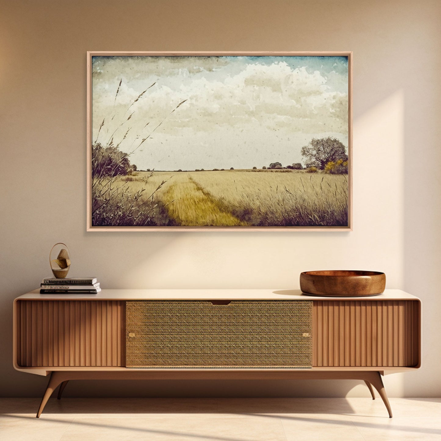 Muted Vintage Landscape Wall Art Canvas Print, Nature Framed Large Gallery Art, Minimalist Art Ready to Hang, With Hanging Kit, Subdued Art