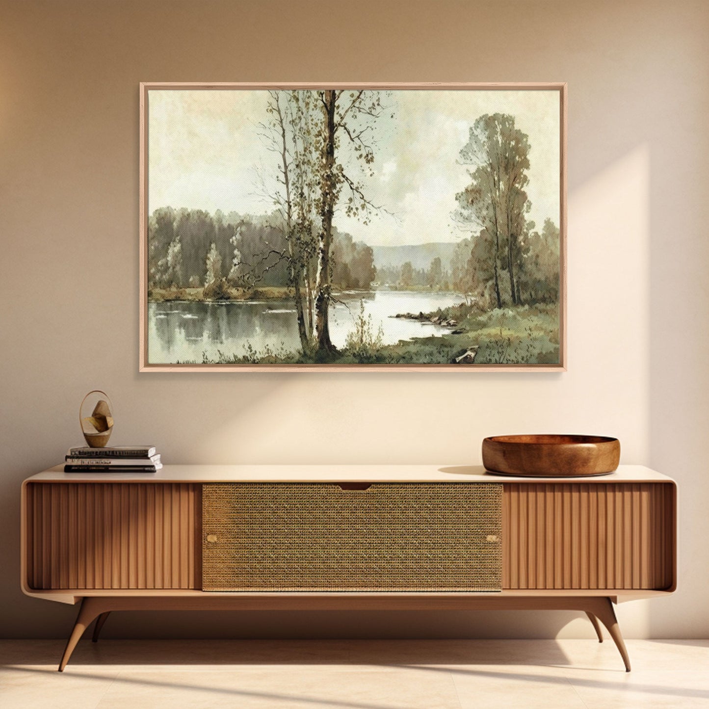 Vintage Landscape Wall Art Canvas Print, Sketch Natural Framed Large Gallery Art, Minimalist Art Ready to Hang, Framed Farmhouse Art