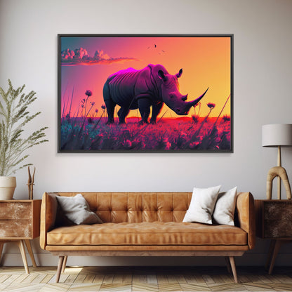 Rhino art, Pastel Rhinoceros at sunset, synthwave aniimal art, framed canvas art