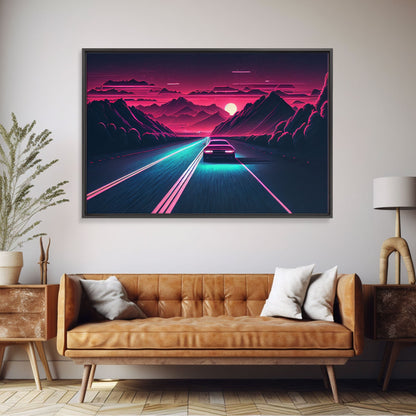 Midnight Drive, Unique Synthwave Style Retro Art, 80s style art, framed canvas print