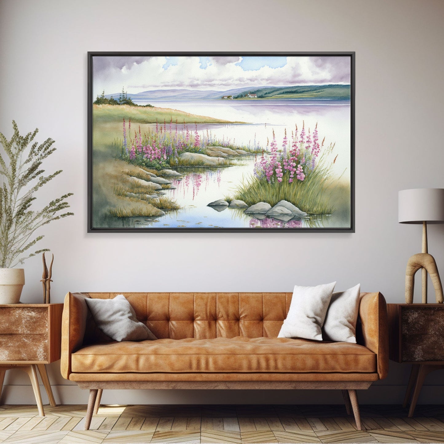 Pink flower landscape art, beautiful nature watercolor painting canvas print, Framed Canvas Print, Wall decoration, living room wall art