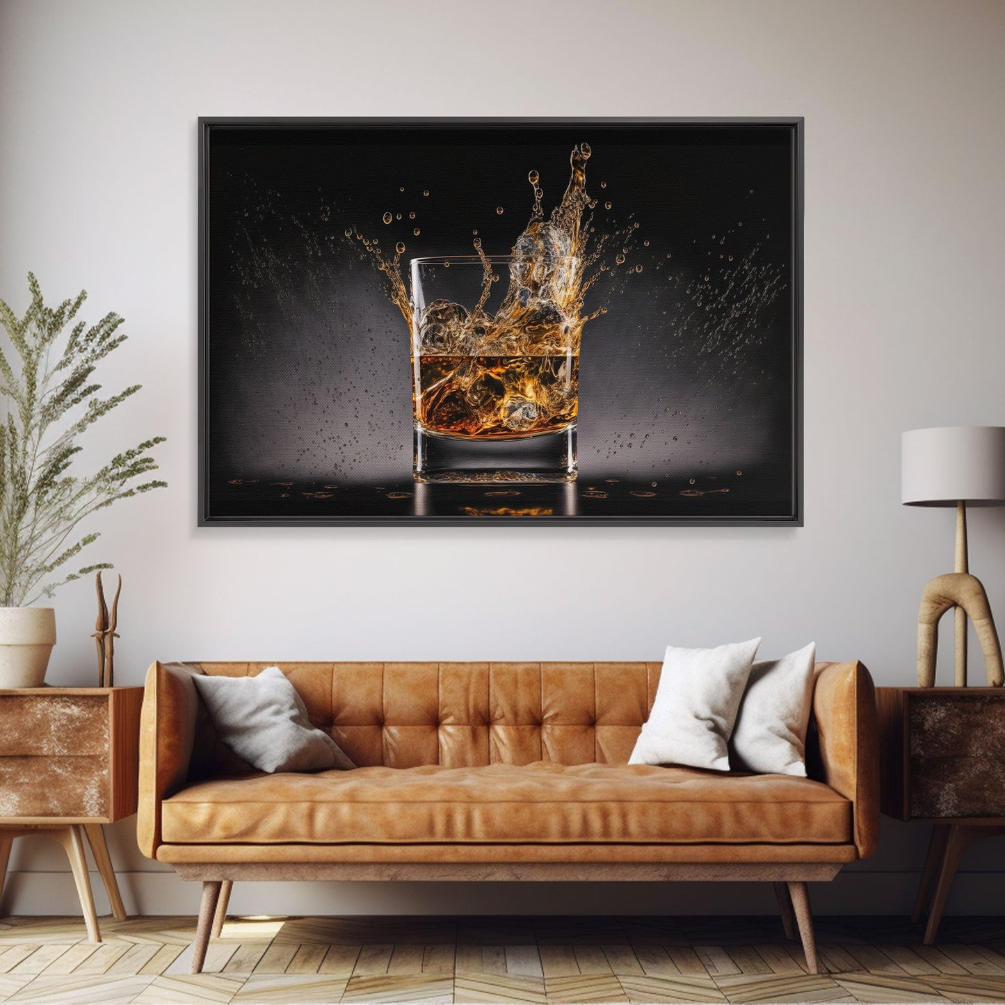 Whiskey Wall Décor, Glass of Whiskey with Splash, Man Cave Wall Art, Whisky Artwork, Home Bar Decor, Framed Canvas Print, Manly Art