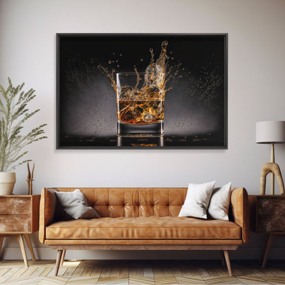 Whiskey Wall Décor, Glass of Whiskey with Splash, Man Cave Wall Art, Whisky Artwork, Home Bar Decor, Framed Canvas Print, Manly Art