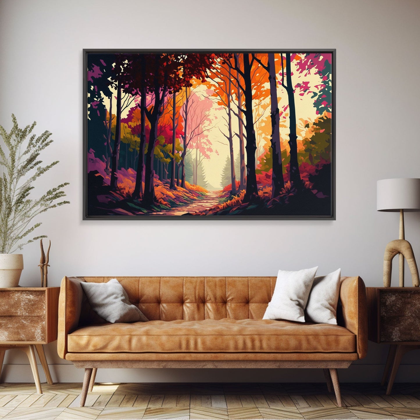 Pop Art Style Fall Forest Landscape, Framed Canvas Print, Unique living room wall art, above sofa art, Color Pop forest art