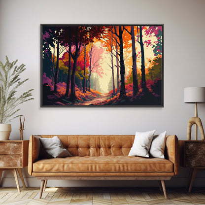 Pop Art Style Fall Forest Landscape, Framed Canvas Print, Unique living room wall art, above sofa art, Color Pop forest art