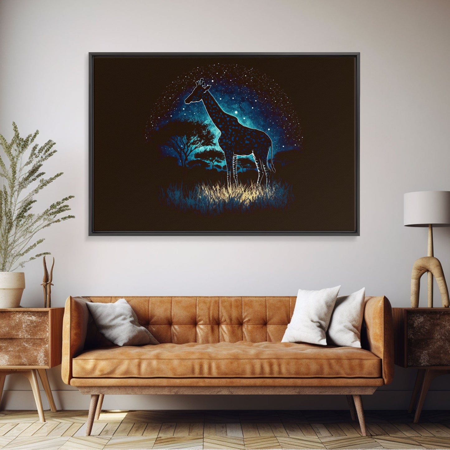 Starry Night over Africa, Giraffe Print, Framed Canvas Art, Galaxy Night Sky, Mancave decor