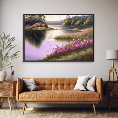 Pink flower landscape art, beautiful nature watercolor painting canvas print, Framed Canvas Print, Wall decoration, living room wall art