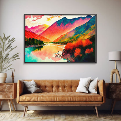 Watercolor Landscape, Rainbow Landscape Art, Framed Canvas Print, Unique Primitive Style Landscape Decor
