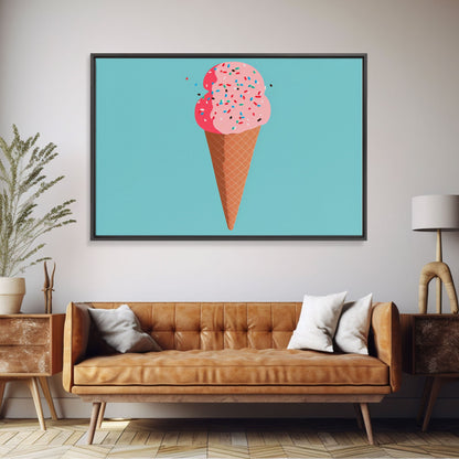 Pop Art Ice Cream Cone With Sprinkles, Retro Style Framed Canvas Print Art, Turquoise Art, Vintage Inspired Ice Cream Shop Wall Art