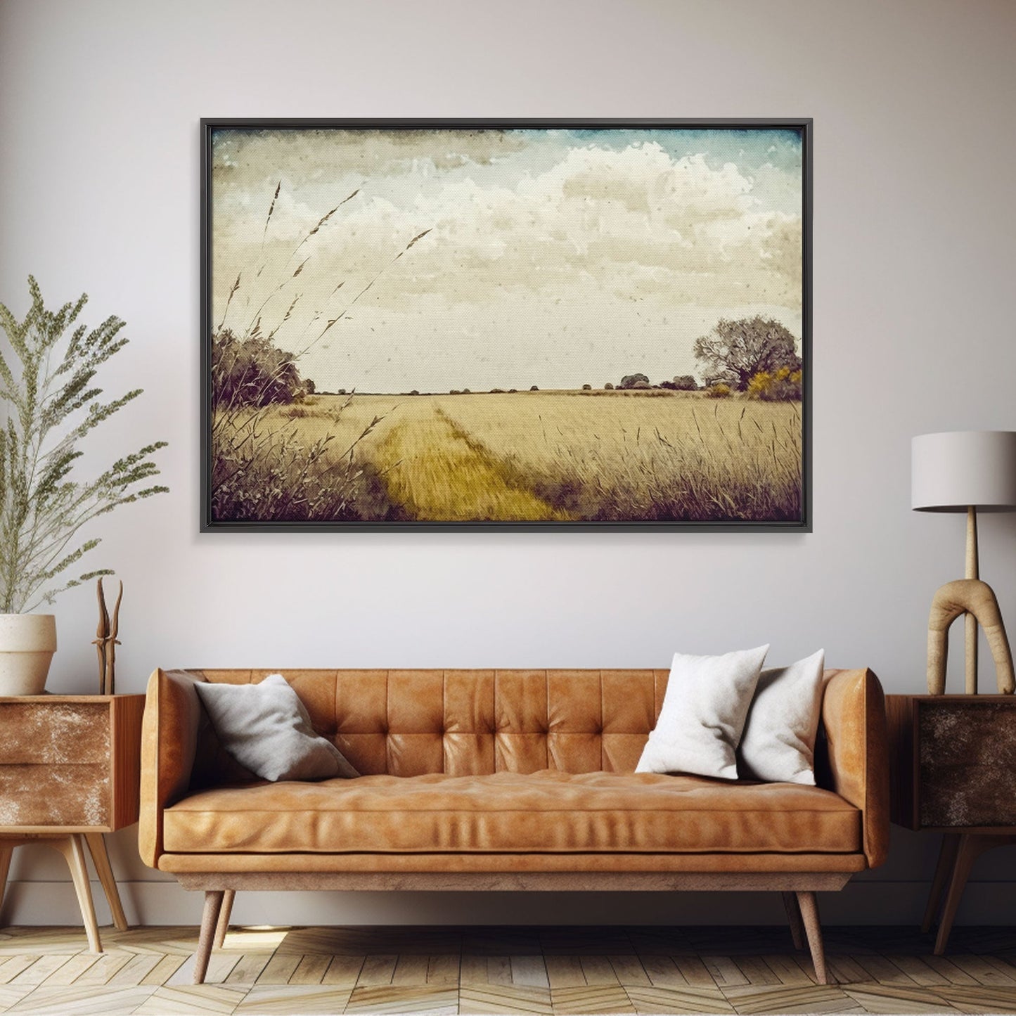 Muted Vintage Landscape Wall Art Canvas Print, Nature Framed Large Gallery Art, Minimalist Art Ready to Hang, With Hanging Kit, Subdued Art