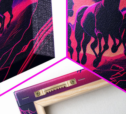 Pack of Wild Horses, American Western decor, framed canvas print, synthwave animal art