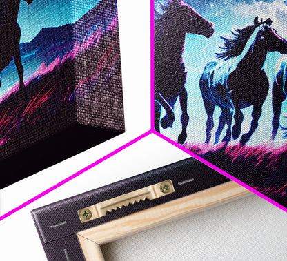 Wild horses running in the moonlight, vaporwave art, framed canvas print