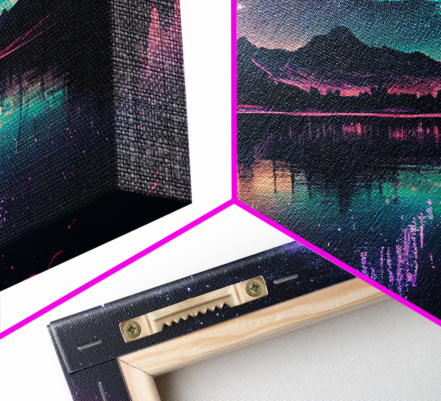 Vaporwave starry night over an Alaskan lake, Aurora borealis, framed canvas print, pastel nature art