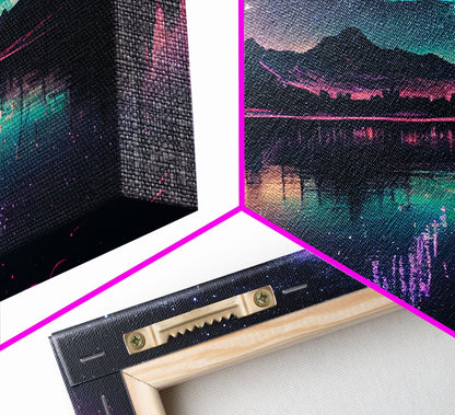 Vaporwave starry night over an Alaskan lake, Aurora borealis, framed canvas print, pastel nature art