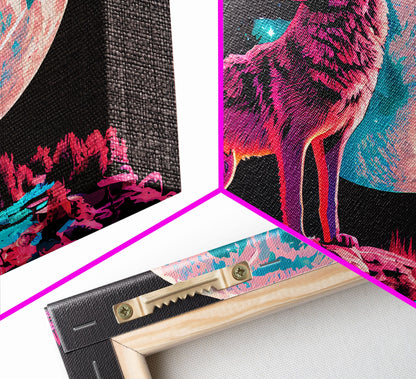 Howl at the moon, wolf art, framed canvas print, synthwave / vaporwave art