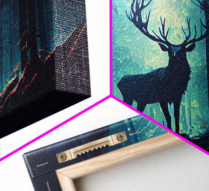 Mythical stag in the forest, fantasy art, framed canvas print, mythical creatures
