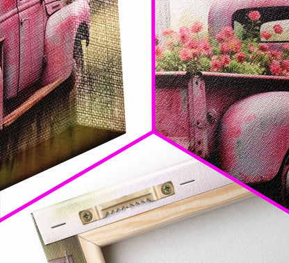 Old Pink Truck Used As a Flower Bed, Framed Canvas Print Or Poster, Rustic Farmhouse Decor, Primitive Art, Country Home Art