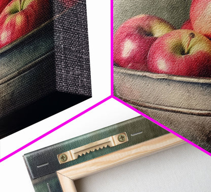 Farmhouse Kitchen Art, Framed Canvas Print, Still Life of Apples In A Rustic Bowl, Photography Print, Kitchen Decor, Rustic Country Kitchen