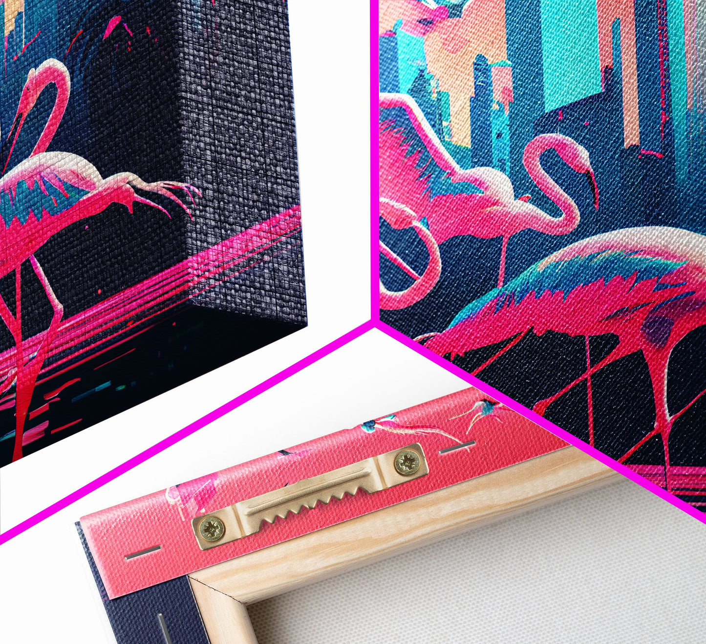 Pink Flamingos, Vaporwave aesthetic style art, framed canvas print, framed wall art