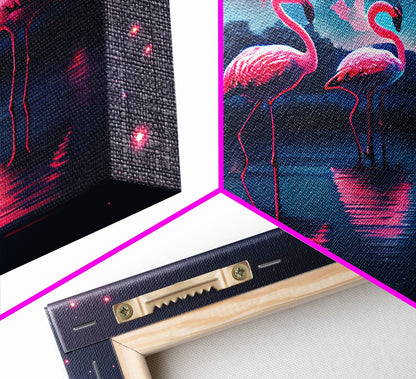 Pink Flamingos against a starry night sky, synthwave vibes, framed canvas print, framed art