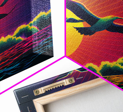 Flock of Seagulls, art deco style sun, framed canvas print, synthwave retrowave animal art