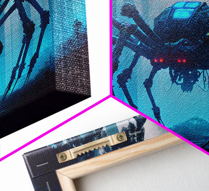Cyborg Spider, Scifi Fantasy horror art, robot spider on the hunt, framed canvas print