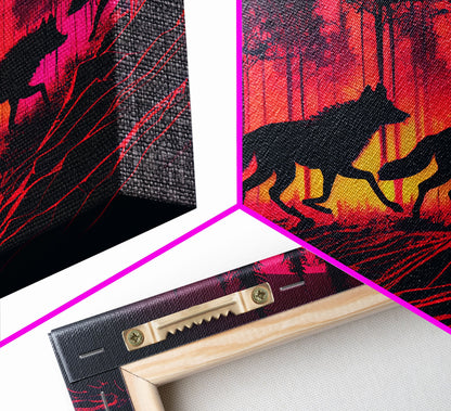 Wolf Pack on the hunt at sunset, synthwave animal art, framed canvas print