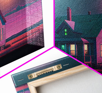 Primitive Retro Mashup, Little house on the prairie, vaporwave aesthetic style framed canvas print