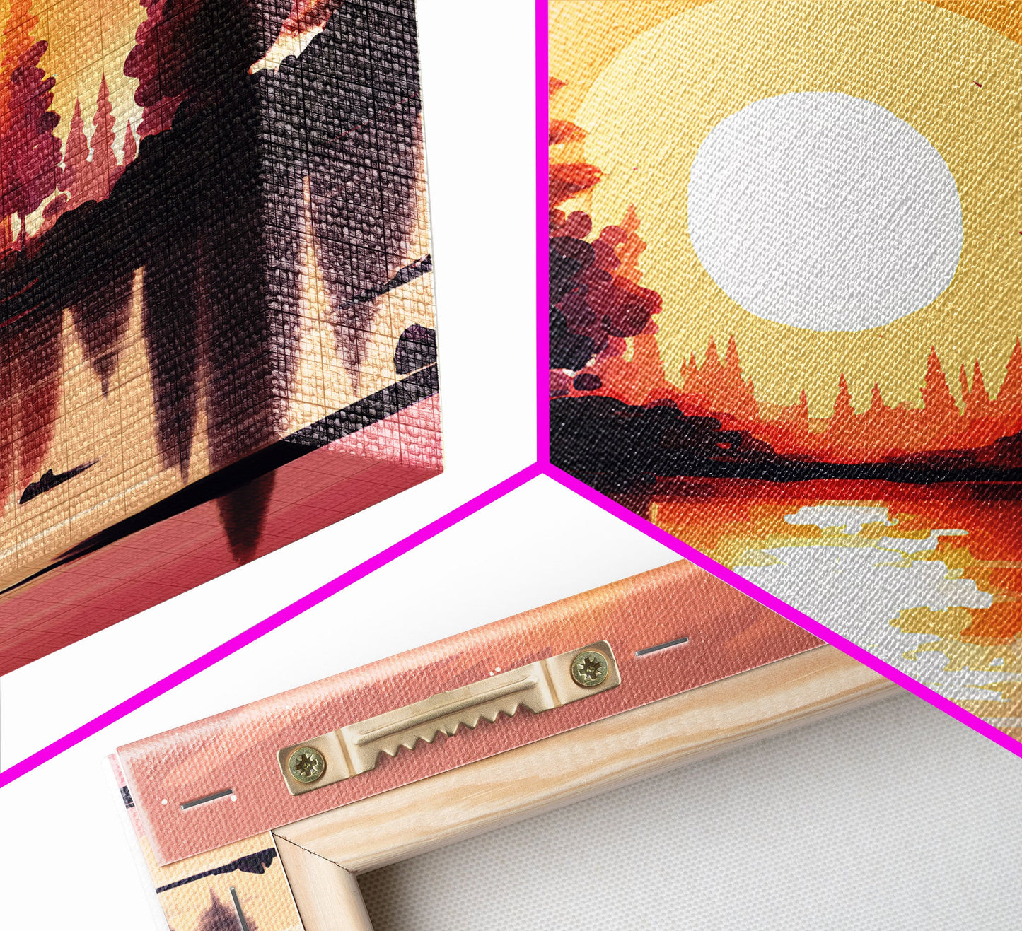 Sunrise Over The Lake and Forest, Lakehouse landscape art, orange and red tones, framed canvas print, watercolor art