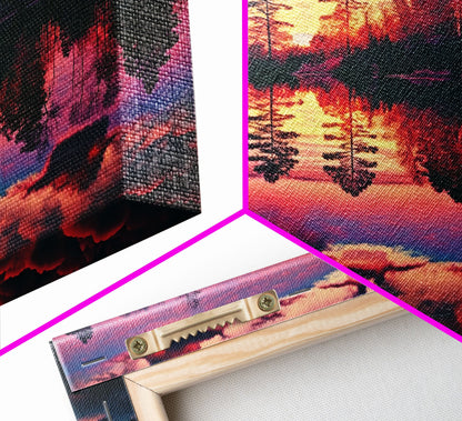 Reflections on the lake, red landscape art, framed canvas print, subdued red nature art