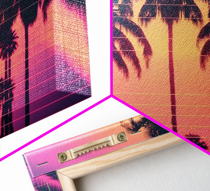 Synthwave Sunset Art, Framed Canvas Print, Palm Tree 80s Vibe Wall Art