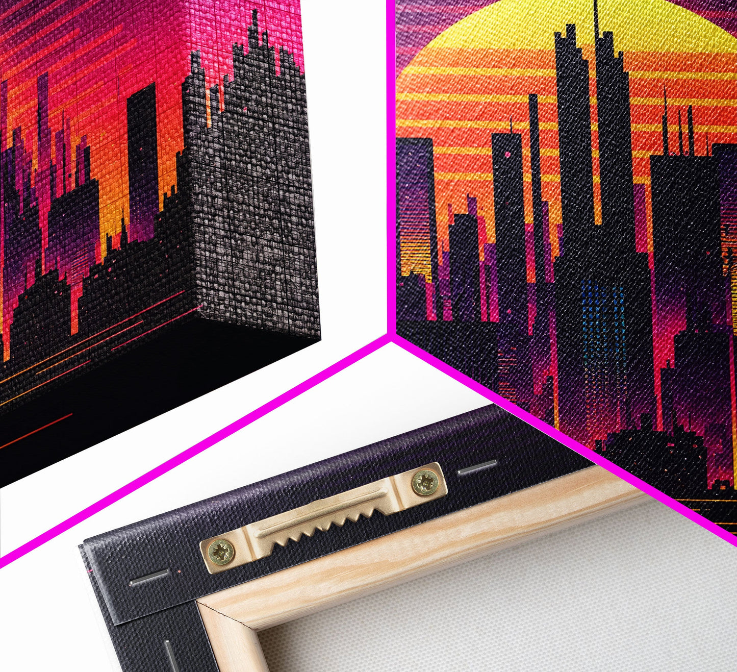 Outrun Style Futuristic Cyberpunk City Skyline at Sunset, Concept art, framed canvas print, dystopian art