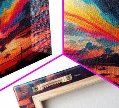 Beautiful Panoramic Watercolor Sunset, Extra Large Wall Art, Framed Panoramic Canvas Print, Framed Wall Art