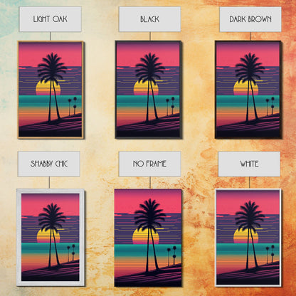 Beach Vibes, 3 Panel Wall Art, Framed Canvas Prints, Triptych Art, 3 Piece, 80s Vibes Vaporwave Wall Art, Life Guard Hut and Palm Trees