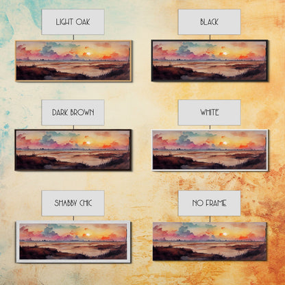 Watercolor Landscape Painting Print, Ready To Hang Panoramic Canvas Print, Whimsical Water Color Sunset, Hazy Smoky Sky, Huge Wall Art