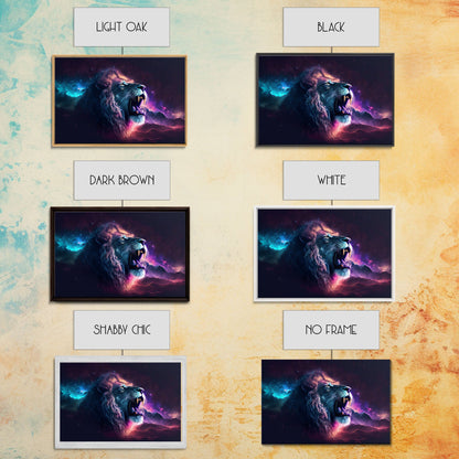 Cosmic Roar, lion roaring at the stars, synthwave galaxy and lion art, framed canvas print, unique framed wall art