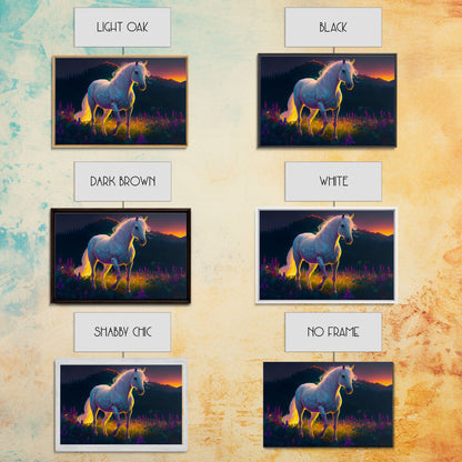 Vibrant portrait of a white horse in a field of flowers, vaporwave aesthetic art, animal prints, framed canvas print, colorful wall art