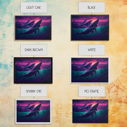 3 Blue Whales Breaching at Sunset, vaporwave synthwave ocean art, framed canvas print