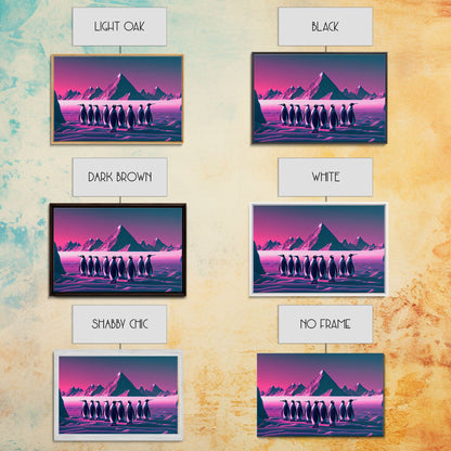 Penguins on the nice, cute animal prints, framed canvas print, synthwave / vaporwave art