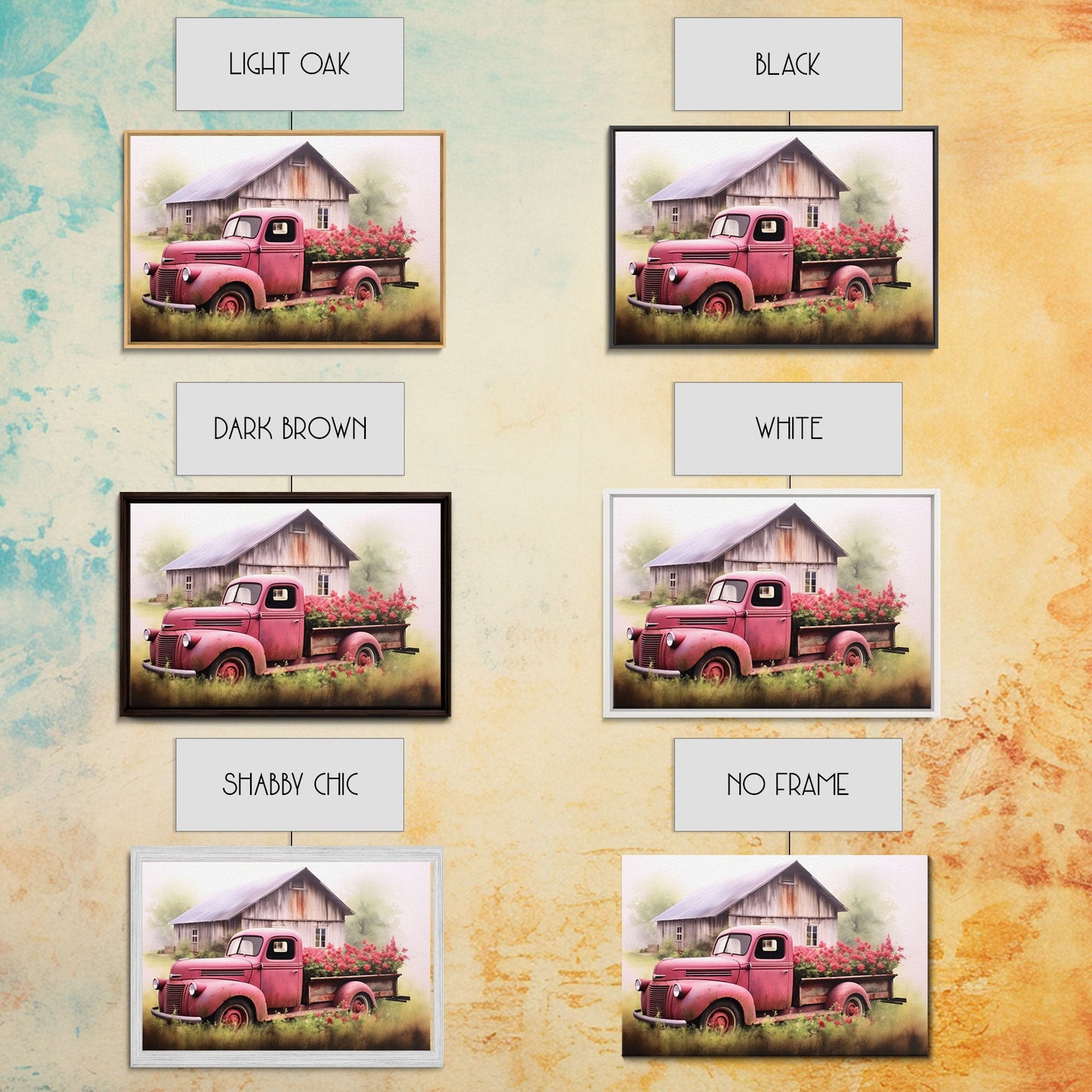 Old Pink Truck Used As a Flower Bed, Framed Canvas Print Or Poster, Rustic Farmhouse Decor, Primitive Art, Country Home Art