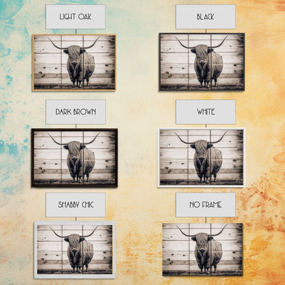 Rustic Cattle Art, Framed Canvas Print, Framed Wall Art, Primitive Rustic Minimalist Farmhouse Decor, Highland Cattle Distressed Art