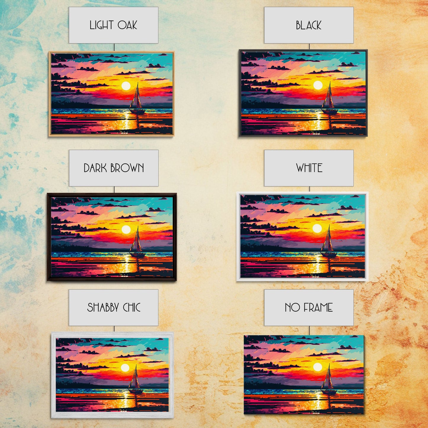 Sailing at Sunset, Watercolor Painting Canvas Print, Framed Wall Art, Unique Sunset Pop Art Ocean Landscape Decor