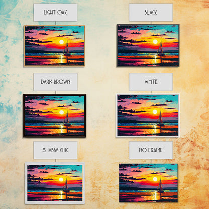 Sailing at Sunset, Watercolor Painting Canvas Print, Framed Wall Art, Unique Sunset Pop Art Ocean Landscape Decor