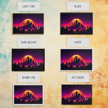 Outrun Style Futuristic Cyberpunk City Skyline at Sunset, Concept art, framed canvas print, dystopian art
