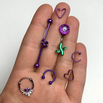 White Faux Opal Purple Sunflower Leaf Double Mount Belly Ring