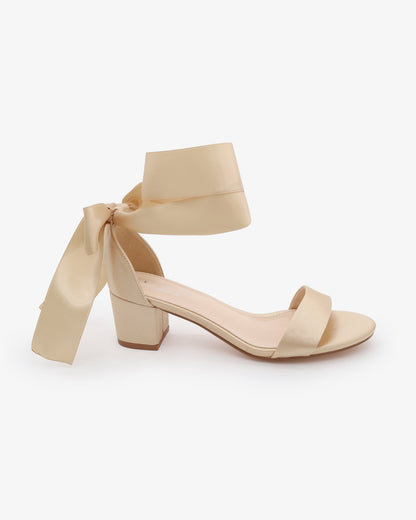 Satin Girls Block Heel Sandal with Wrapped Ribbon Tie