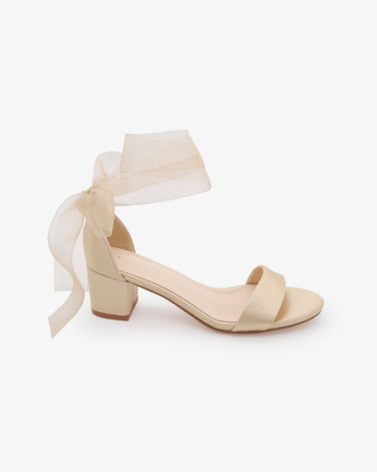 Satin Girls Block Heel Sandal with Wrapped Ribbon Tie