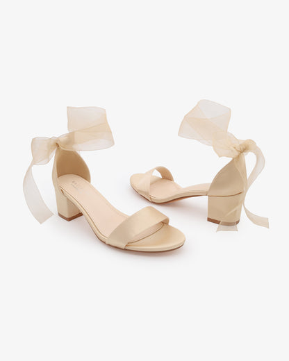 Satin Girls Block Heel Sandal with Wrapped Ribbon Tie